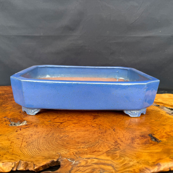 Shuho handmade blue glazed rectangle bonsai pot front view
