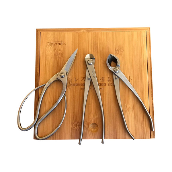 Tinyroots Stainless Steel 3pc Tool Kit. Three of the Most Popular Bonsai Tools Packaged in an Elegant Bamboo Box. 