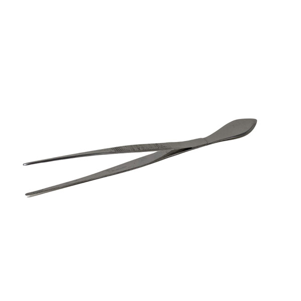 A high-quality Japanese bonsai needle tweezer spatula tool, displayed in a three-quarter perspective against a plain white background. One end of the tool features two long, thin, and precisely tapered needle-nose tweezer arms, spread open. The mid-section of these arms is textured with horizontal serrations for an improved grip. The other end of the tool is a flat, teardrop-shaped spatula, designed for meticulous soil work or smoothing. The tool is made from a dark, matte-finished metal, embodying traditional Japanese tool design. A soft shadow falls beneath the tool, highlighting its slender and elegant construction.