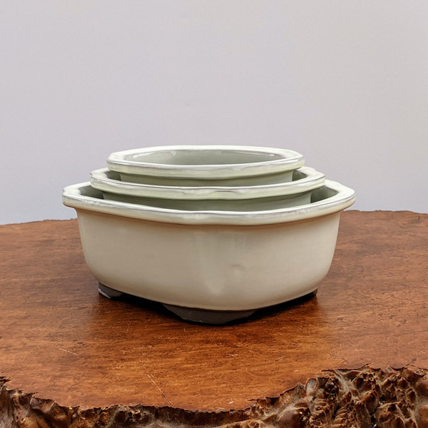 A set of three nested Japanese Tokoname bonsai pots, each featuring a smooth cream-glazed finish with a soft, satin sheen. The pots are rectangular with rounded corners, a design often referred to as a "mokko" or cushion shape. 

The pots increase in size from top to bottom, with the smallest tucked inside the medium, and both nestled within the largest. Each pot has a wide, flat rim that flares slightly outward, accented by a subtle, distressed edge where the darker clay body peaks through the off-white glaze. The largest pot at the base rests on four short, integrated feet. 

The entire set is showcased on a rustic, textured reddish-brown wooden surface, likely a cross-section of a tree trunk or burl, which provides a natural contrast to the clean, elegant lines of the ceramic. The background is a solid, neutral light gray, keeping the focus entirely on the craftsmanship of the traditional Japanese pottery.