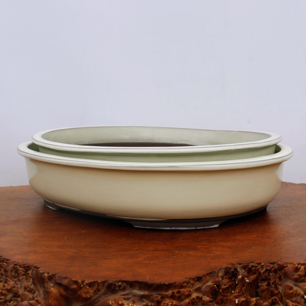 Oval Cream Glazed Japanese Bonsai Pot (No. 1547)