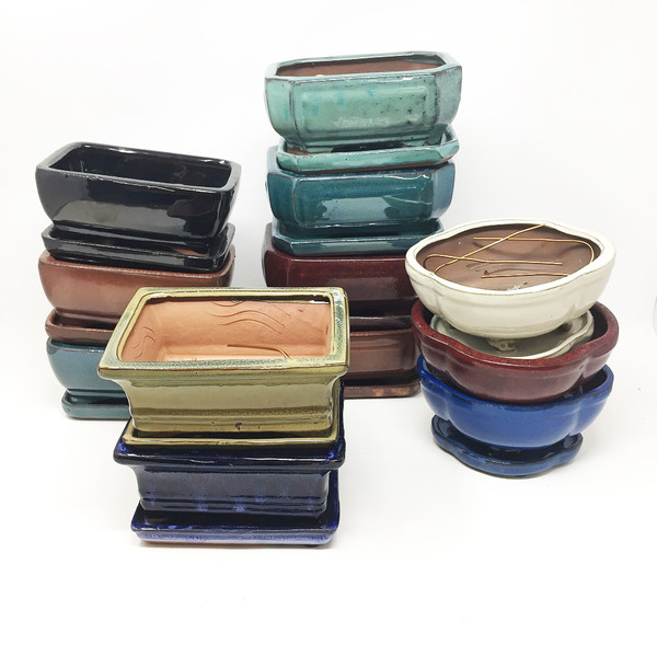 6" Glazed Ceramic Bonsai Pot & Matching Humidity Tray