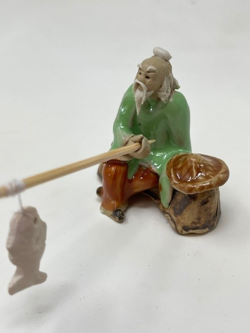 Chinese Figurine - Man Sitting Fishing with Hat on a Rock (F-025)