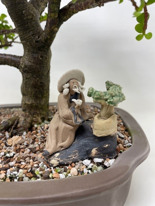 Chinese Figurine - Man Sitting Smoking a Pipe Admiring His Bonsai (F-030)