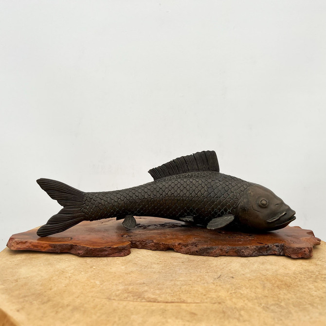 Showa Period Japanese Bronze Koi Fish w/ Wood Burl Table