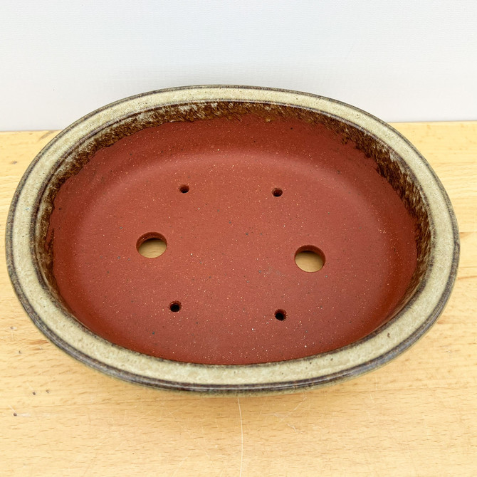 9-Inch Beige Glazed Oval Yixing Ceramic Bonsai Pot (No. 2557b)