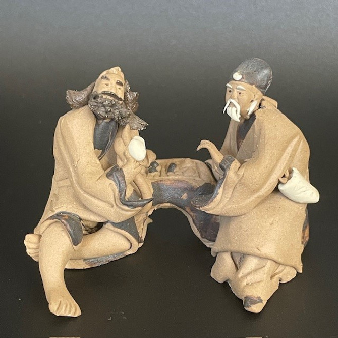 Chinese Figurine - Two Wise Men Sitting playing checkers - medium (F-080)