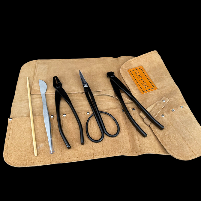 Pro-Grade 5-Piece Bonsai Tool Set (Carbon Steel) + Leather Roll 