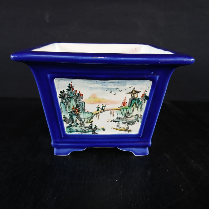 8" Blue Square Painted Yixing Bonsai Pot (No. 2358a)