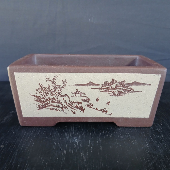 7-Inch Etched Rectangular Yixing Ceramic Bonsai Pot (No. 2210)