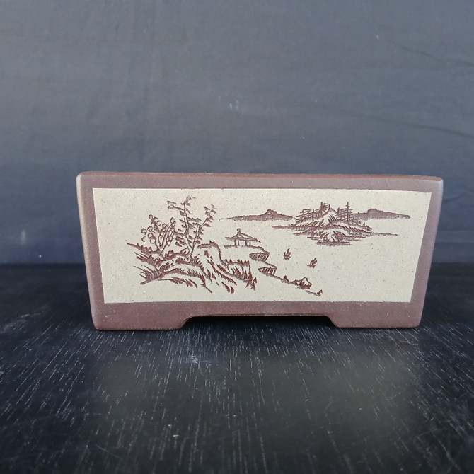 7-Inch Etched Rectangular Yixing Ceramic Bonsai Pot (No. 2210)