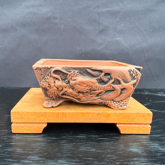 Front view of Kouji Watanabe Tokoname rectangle bonsai pot showing carved dragon relief on unglazed red clay and sculpted feet
