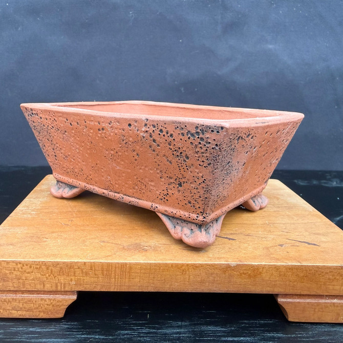 Side view of Kouji Watanabe Tokoname rectangle bonsai pot showing rustic unglazed red clay surface with natural firing marks