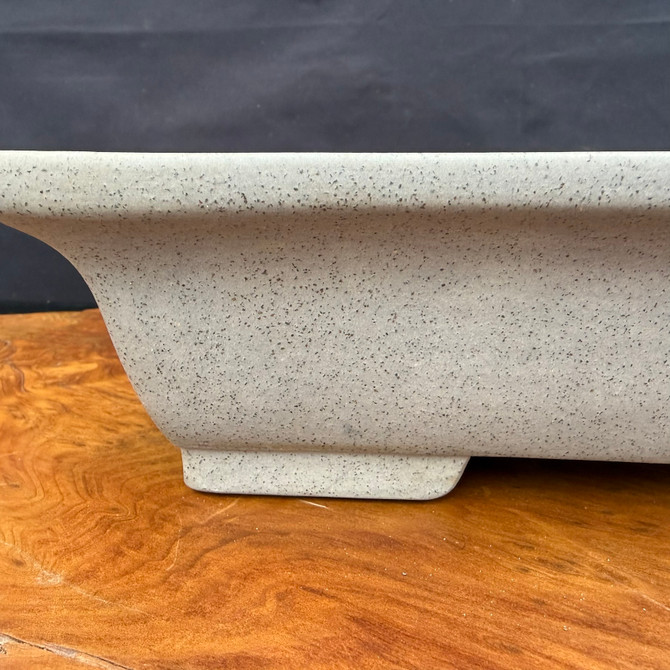 Close-up of speckled light gray finish and rim detail on Reiho rectangle bonsai pot