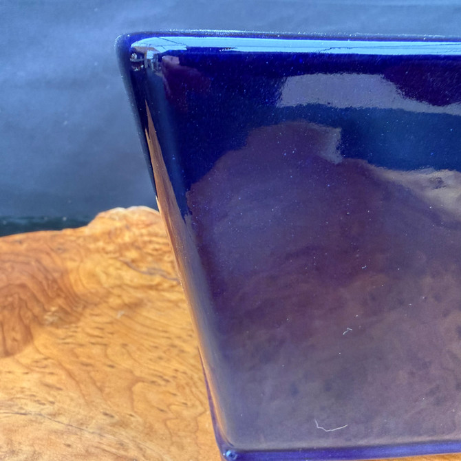 Close-up detail of Reiho dark blue square bonsai pot showing glossy glaze and tapered wall
