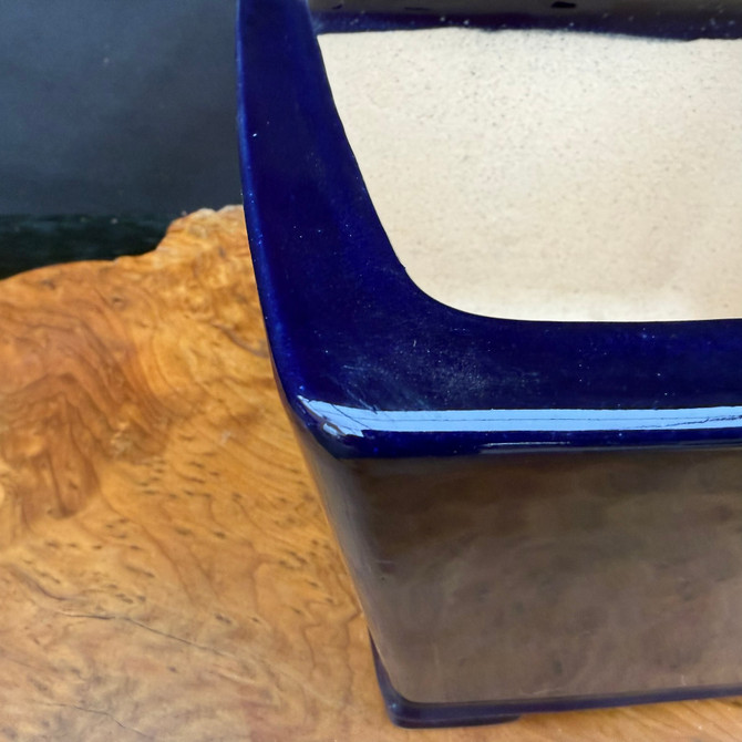Corner rim detail of dark blue glazed Reiho bonsai pot showing reflective finish
