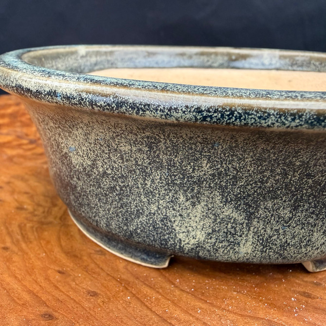Close-up detail of Reiho oval bonsai pot showing speckled blue green glaze and rolled rim
