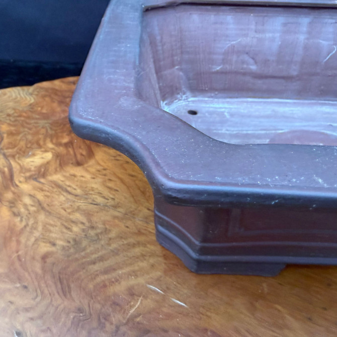 Angled top view of 12 inch Bigei Tokoname rectangle bonsai pot showing rim and interior
