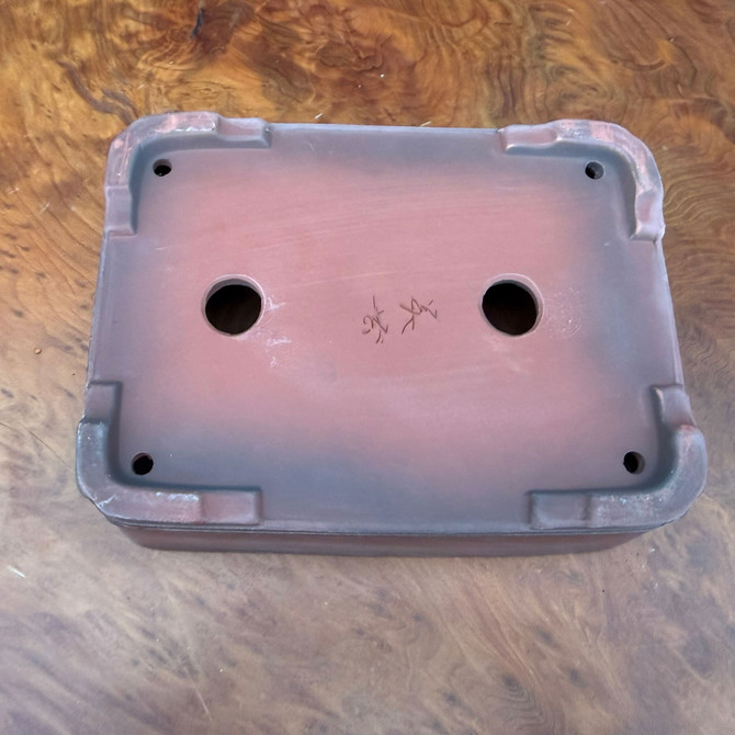 Bottom view of 7.5 inch Bigei Tokoname rectangle bonsai pot showing feet, drainage holes, and Bigei signature