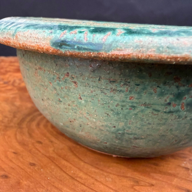 Close-up of green glaze and rolled rim detail on 5.75 inch Tokoname bonsai pot
