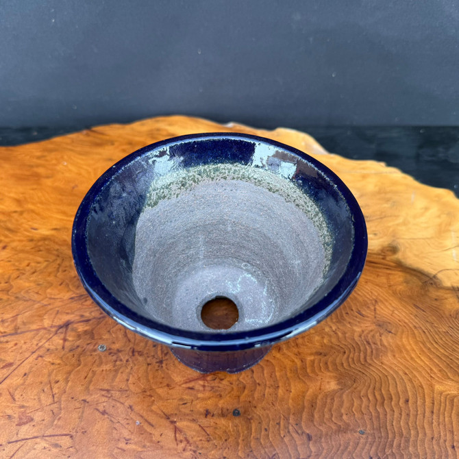 Top view of Shuho handmade blue glazed bonsai pot with drainage hole