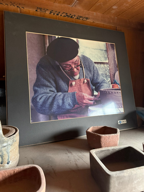 Framed photo of Hidemi Kataoka great gran father displayed inside Yoshimura Toen in Tokoname Japan