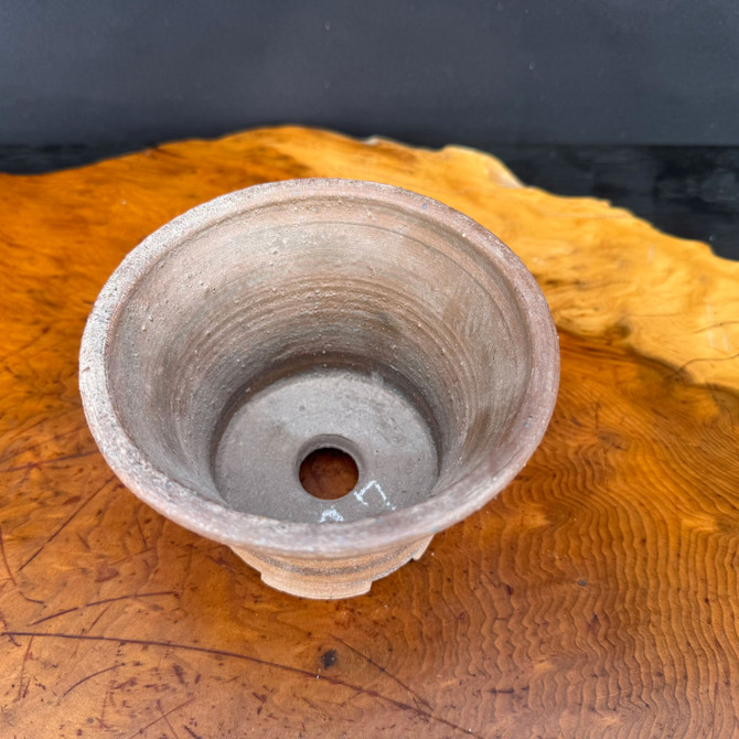 Top view of Shuho handmade unglazed bonsai pot with drainage hole