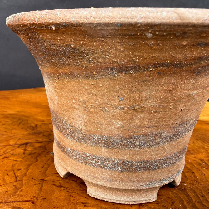 Close view of Shuho unglazed round flared bonsai pot showing clay texture and firing bands