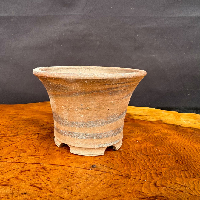 Shuho handmade round flared unglazed bonsai pot front view