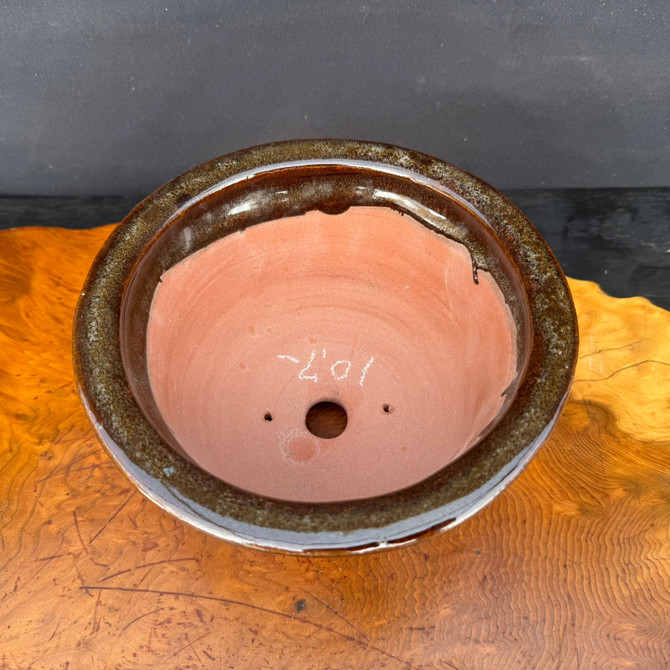 Shuho handmade round flared brown glazed bonsai pot top view