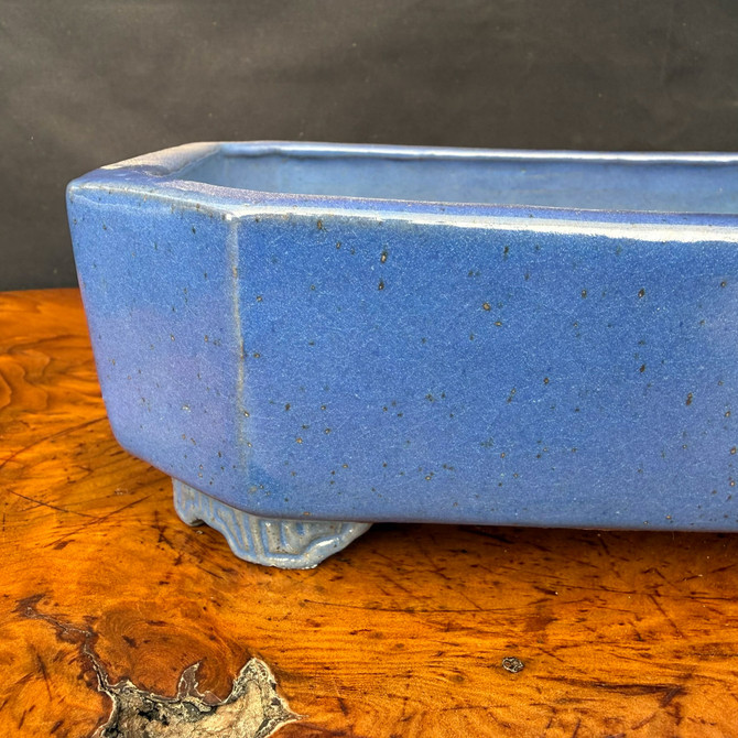 Close view of Shuho blue glazed rectangle bonsai pot showing glaze detail and carved foot