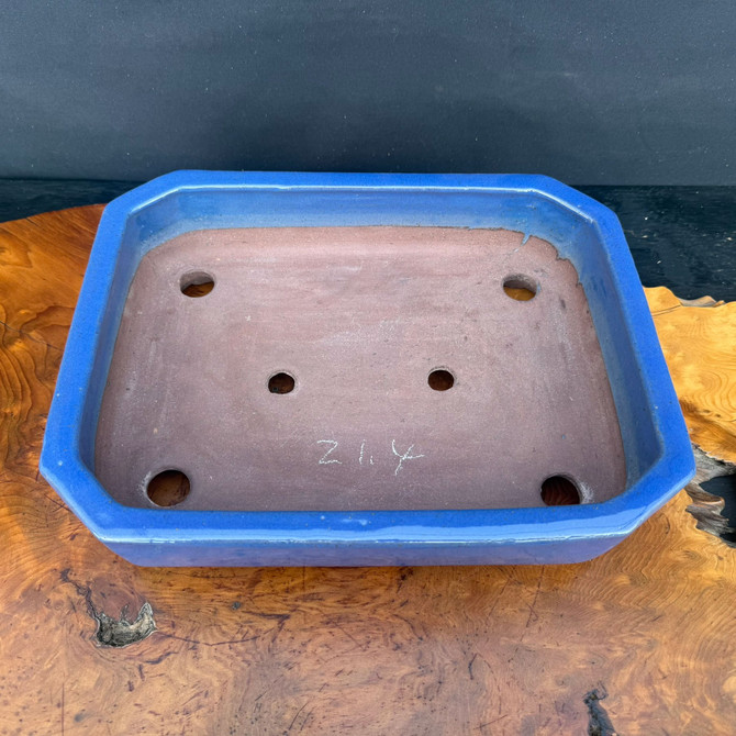 Top view of Shuho handmade blue glazed rectangle bonsai pot with drainage and wire holes