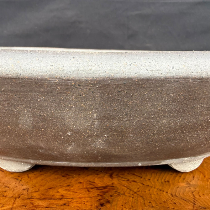 Close up of unglazed oval bonsai pot with rolled rim and dark clay finish