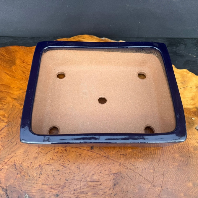 Top view of Yamafusa glazed rectangle bonsai pot showing warm clay interior and drainage holes