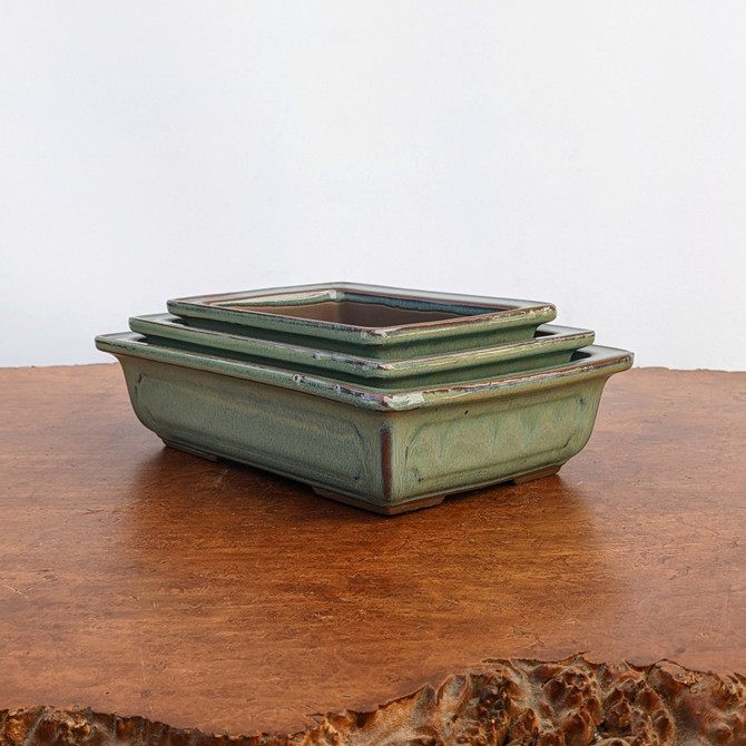6-9" Green Glazed Japanese Rectangle Bonsai Pot (No. 293)