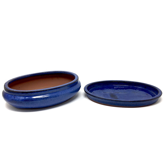 9" Dark Blue Oval Bonsai Pot With Matching Humidity Tray & River Rocks