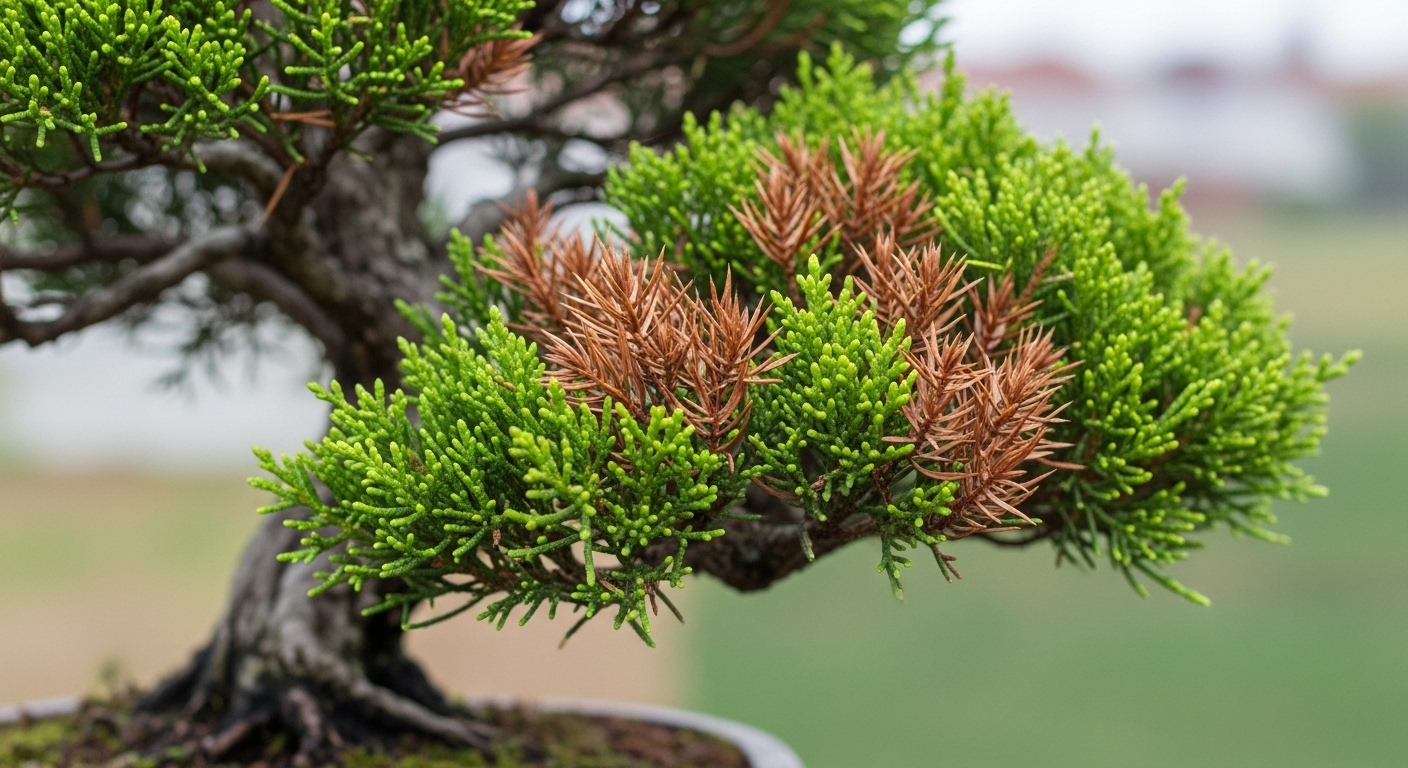 Browning tips on a juniper, indicative of fungal blight.