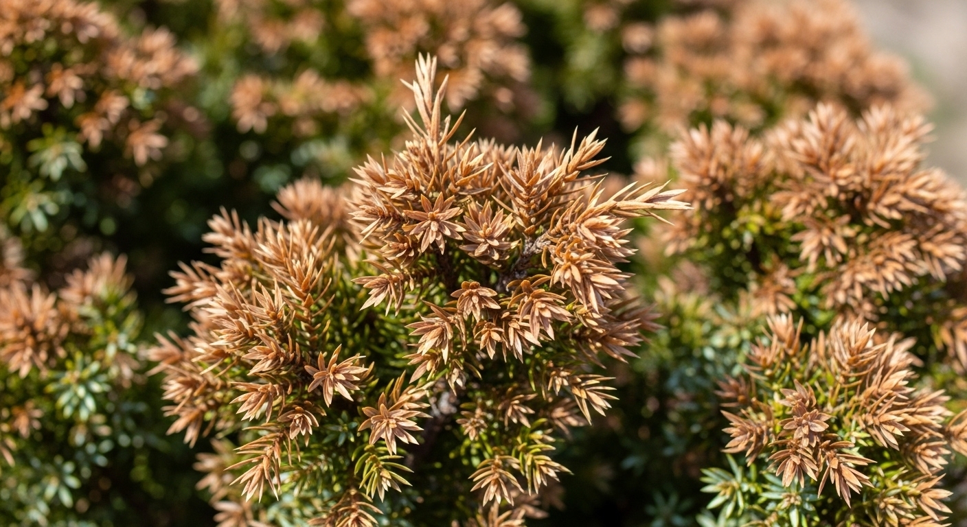Juniper needles showing browning from weather stress or winter burn.