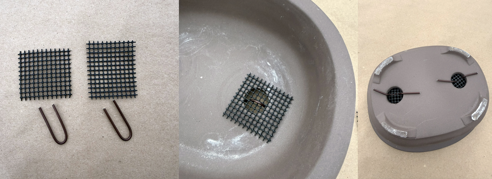 Steps for preparing a bonsai pot: mesh screens and wires, mesh placed inside pot, and mesh secured from the bottom.