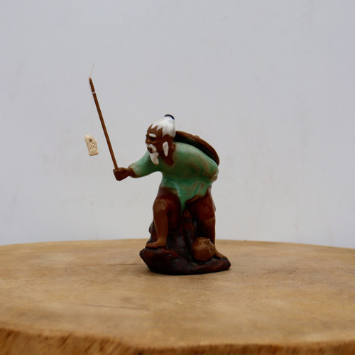 Chinese Mudman Figurine Man With Fishing Pole And Fish-6 1/2” Tall