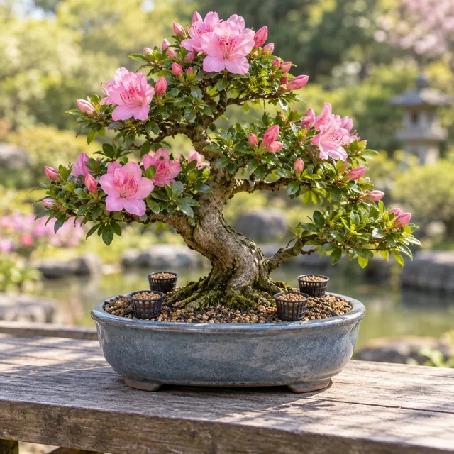 A flowering azalea bonsai with buds, open blossoms, and four fertilizer cups
