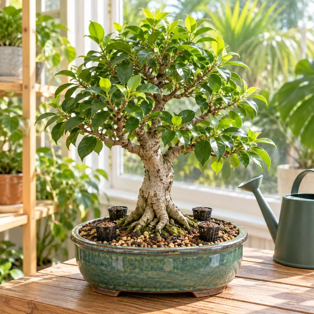 A healthy tropical ficus bonsai with four fertilizer baskets in a bright indoor growing area