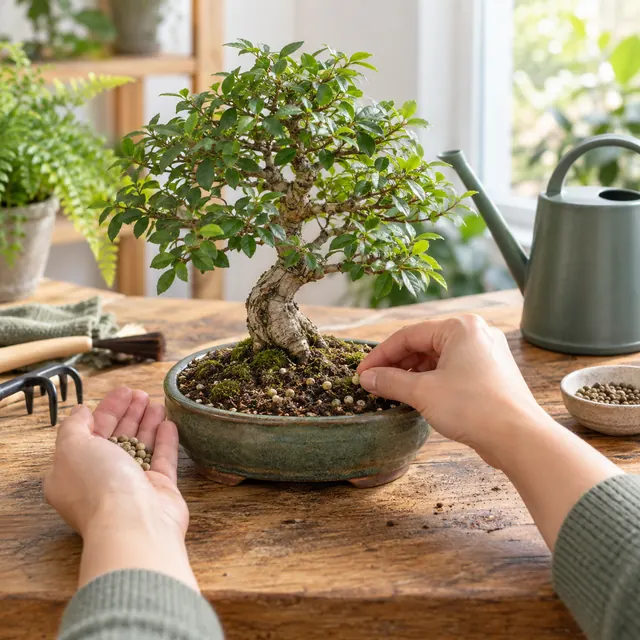 A bonsai owner applies fertilizer pellets to a healthy bonsai in a shallow pot