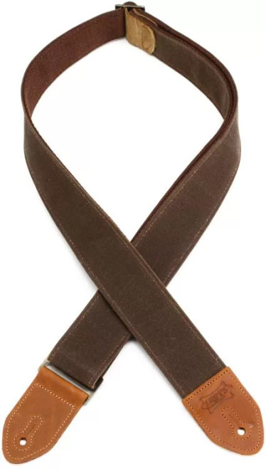 Levy's 2" Waxed Canvas Guitar Strap with Cotton Backing and Antique Brass Slide and Loop. Brown Waxed Canvas Upper And Brown Cotton Backing. Adjustable from 35" to 60". Veg-tan Brown Leather Ends