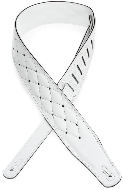 Levy's 2 1/2" Garment Leather Guitar Strap With Foam Padding And Garment Leather Backing, Features Rivet Detail with 'Tufted' Diamond Quilt Stitch Pattern. Adjustable from 43" to 51". White Color with Antique Black Rivets