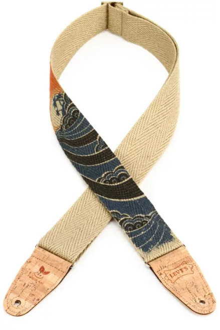 Levy's 2 inch Hemp Webbing Guitar Strap with Ink Printed Island Design And 2.5 Inch Hemp Pocket on Back. Two-ply Natural Cork Ends With Silver Metal Slide and Loop Hardware. Adjustable From 37 to62 inches.