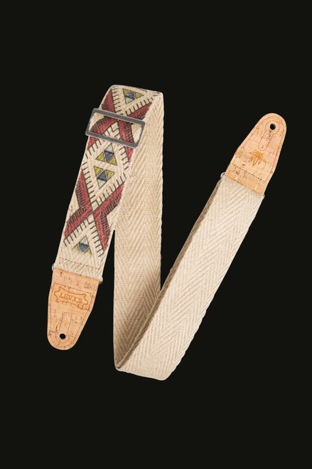 Levy's 2 inch Hemp Webbing Guitar Strap with Ink Printed Diamond Design And 2.5 Inch Hemp Pocket on Back. Two-ply Natural Cork Ends With Silver Metal Slide and Loop Hardware. Adjustable From 37 to 62 inches