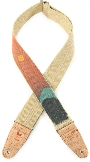 Levy's 2 inch Hemp Webbing Guitar Strap with Ink Printed Sunset Design And 2.5 Inch Hemp Pocket on Back. Two-ply Natural Cork Ends With Silver Metal Slide and Loop Hardware. Adjustable From 37 to 62 inches