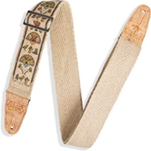 Levy's 2 inch Hemp Webbing Guitar Strap with Ink Printed Egyptian Design And 2.5 Inch Hemp Pocket on Back. Two-ply Natural Cork Ends With Silver Metal Slide and Loop Hardware. Adjustable From 37 to 62 inches