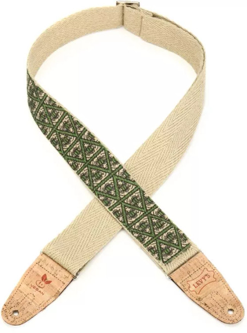 Levy's 2 inch Hemp Webbing Guitar Strap with Ink Printed Illuminati Design And 2.5 Inch Hemp Pocket on Back. Two-ply Natural Cork Ends With Silver Metal Slide and Loop Hardware. Adjustable From 37 to 62 inches.